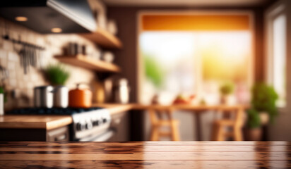 Aufkleber - Brown wooden table with free space for your decoration and blurred background of kitchen interior.