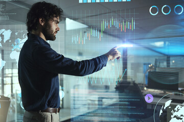 Poster - Touchscreen hologram, business man and data analytics for statistics, graphs and charts review on digital technology at night. Person or user press on holographic database with global information