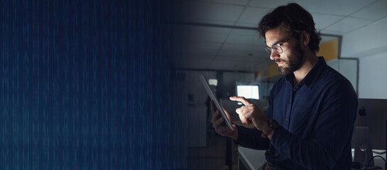 Poster - Night, mockup or businessman with tablet in office to search digital technology, data analytics or global news. Mock up space, entrepreneur or person typing on iot dashboard or networking online