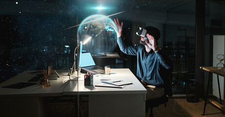 Fototapete - Businessman, night or vr globe hologram with digital overlay for future technology, big data or virtual reality. Office, world or person in metaverse for futuristic earth, 3d planet or global network