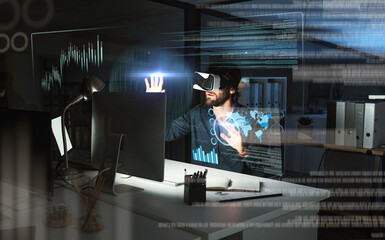Poster - Virtual reality, business man and data in office by computer for statistics, analysis or hologram at night. Metaverse, vr and person with futuristic tech with charts, 3d analytics or global overlay.
