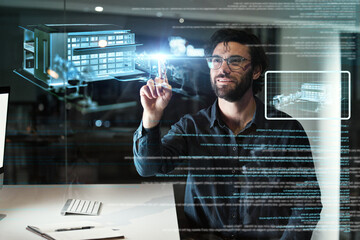 Leinwandbilder - Business man, architecture and building hologram for smart home design, cyber security and digital overlay at night. Engineering developer, designer or person touchscreen on 3d, holographic software
