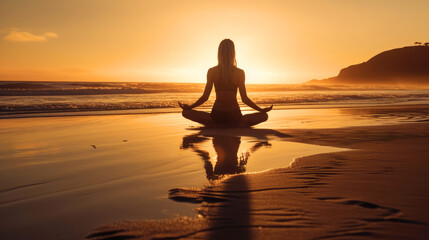 Wall Mural - Woman practicing yoga on the beach at sunset. generative ai.