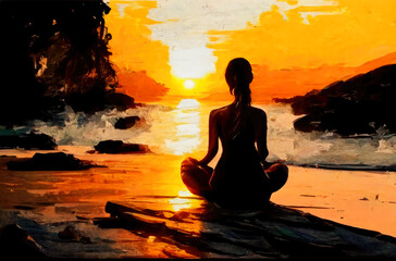 Wall Mural - Woman practicing yoga on the beach at sunset. watercolor style. generative ai.