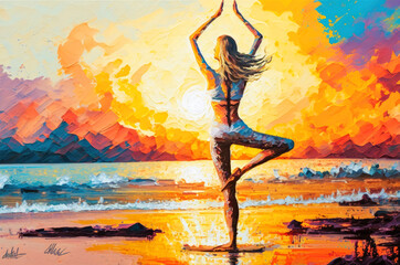 Sticker - Woman practicing yoga on the beach at sunset. watercolor style. generative ai.