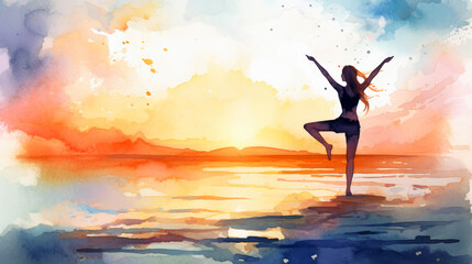 Sticker - Woman practicing yoga on the beach at sunset. watercolor style. generative ai.