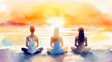 Sticker - Woman practicing yoga on the beach at sunset. watercolor style. generative ai.