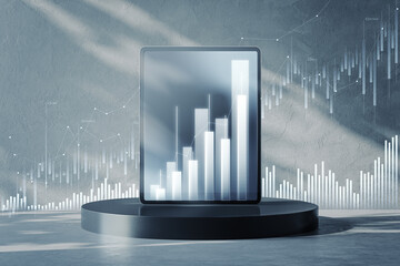 Poster - Close up of tablet on podium with glowing business chart hologram on background. Finance and growth concept. 3D Rendering.
