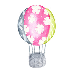 Decorative Watercolor Air Balloon Illustration. Green, pink and grey fabric with floral patterns and straw basket. To use for wallpaper, banner, textile, postcard or wrapping paper
