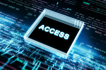 Poster - Abstract blue chip with text on blurry blue tech background. Access, metaverse and future concept. 3D Rendering.