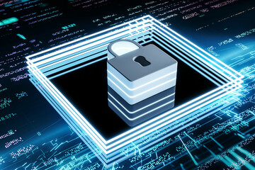 Poster - Creative blue chip with padlock hologram on blurry blue tech background. Safety, metaverse and future concept. 3D Rendering.