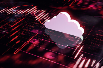 Poster - Abstract cloud on red forex chart background. Market crisis and data server concept. 3D Rendering.