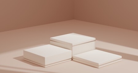 Poster - Minimal scene with podium and white background. White and brown color scene. Trendy 3d render for social media banners, promotion, cosmetic product show. Geometric shapes interior.