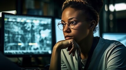 Wall Mural - African American woman programmer looking at lines of code on a screen Generative AI