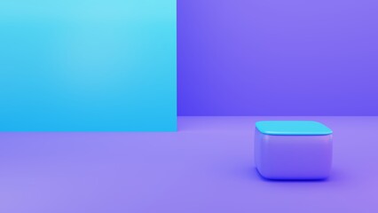 Poster - Abstract 3D purple and blue round corner cube pedestal podium with blue wall scene. cartoon and cute room collection. Modern rendering for product display presentation. 