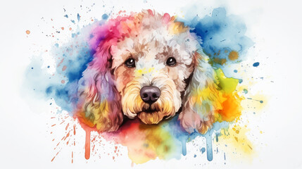 Poster - illustration of watercolor dog, abstract watercolor background, generative ai.