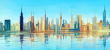 Vibrant, Impressionistic Skyline Of Towering Skyscrapers. Abstract Oil Painting With Water Reflections Illuminated By A Kaleidoscope Of Colors