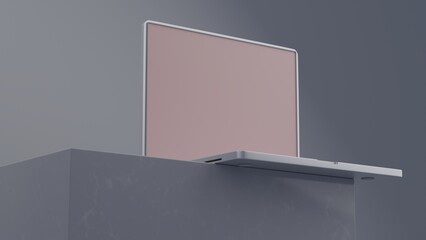 Fototapete - Close up of empty white laptop display on marble podium. Tech presentation and device concept. Mock up, 3D Rendering.