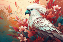 Paradise Bird On Exotic Floral Background, Fantasy Colorful Illustration, Generative AI