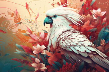 Paradise bird on exotic floral background, fantasy colorful illustration, generative AI