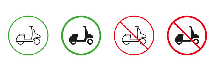 Wall Mural - Moped Delivery Red and Green Road Warning Signs. Scooter Permit and Not Allowed Transportation Traffic Signs. Fast Motorcycle, Motor Bike Line and Silhouette Icons Set. Isolated Vector Illustration