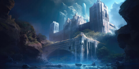 Concept art, fantasy world, majestic ancient ruins, digital illustrations, backgrounds, game space, AI generated