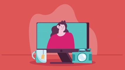Wall Mural - female vloger in desktop animation