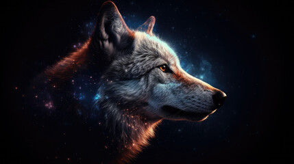 Poster - Wolf in cosmic space. gnerative ai.