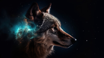 Poster - Wolf in cosmic space. gnerative ai.