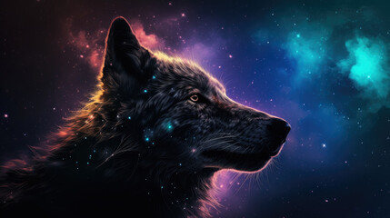 Poster - Wolf in cosmic space. gnerative ai.