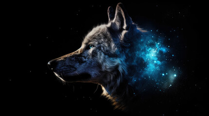 Poster - Wolf in cosmic space. gnerative ai.