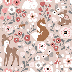 Wall Mural - Seamless vector pattern with cute woodland animals and flowers. Cute fox, deer, rabbit, fawn, birds and butterfly on pink background. Perfect for textile, wallpaper or print design.