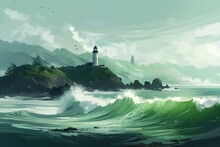 A Painting Of A Green Ocean With A Lighthouse In The Middle Of The Water And Waves Crashing On The Shore And A Green Mountain In The Background.  Generative Ai