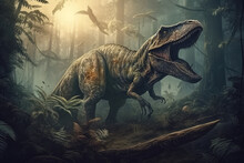 Extremely Detailed And Realistic Illustration Of Dinosaur, T Rex Hunting In Prehistoric Jungle, Generative AI