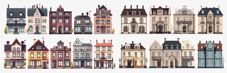 Poster - Houses exteriors set. Residential town buildings architecture. Generative AI