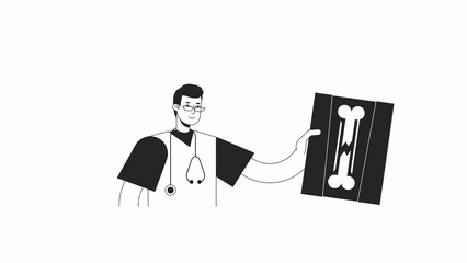 Poster - detecting trauma bw animation. animated physician doctor with broken bone x ray 2d flat monochromati