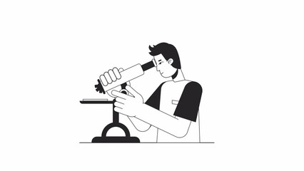 Fototapete - Biological scientist bw animation. Male lab worker with microscope isolated 2D flat monochromatic thin line character 4K video footage on white with alpha channel transparency for web design