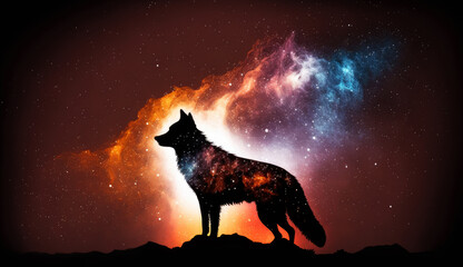 Poster - Wolf in cosmic space. gnerative ai.