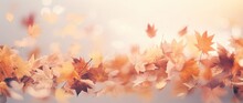 Golden Autumn Leaves In Sunlit Sky, Perfect. Thanksgiving Backdrop With Blurred Bokeh Foliage. Generative AI
