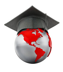 Wall Mural - Graduation cap on red and gray colored globe isolated on transparent background. 3D illustration