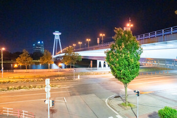 Sticker - Bridge SNP and UFO tower view point over Danube river in Bratislava city, Slovakia at night