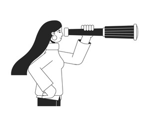 Poster - Woman looking at monocular telescope flat line black white vector character. Editable isolated outline person. Strategic vision simple cartoon style spot illustration for web graphic design, animation