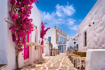 Beautiful alleyways of Greek islands town on sunny summer day.