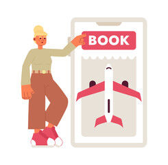 Poster - Booking flight over phone flat concept vector spot illustration. Editable 2D cartoon character on white for web UI design. Passenger purchasing ticket creative hero image. Jost Extrabold font used