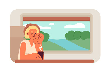 Poster - train travel 2d vector isolated spot illustration. traveller passenger sitting near window with hot 