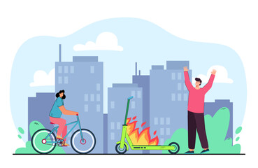 Wall Mural - Scared man next to burning electric scooter vector illustration. Cartoon drawing of vehicle on fire due to poor quality of batteries, girl on electrical bicycle. Technology, danger, mobility concept