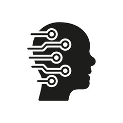 Poster - Tech Science Innovation Solid Symbol on White Background. Human Head with Circuit Black Silhouette Icon, Digital Technology and Artificial Intelligence Concept. Isolated Vector Illustration