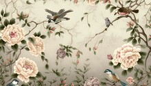 Wallpaper For The Flower Forest And Roses With Branches And Birds In Different Colors With A Beige Background. Generative AI