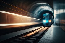 Modern Light Subway Underground Tunnel With Blurry Rail. Generative AI.