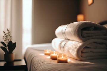 Soft beige spa towels on a massage bed in a therapy room. Generative AI.